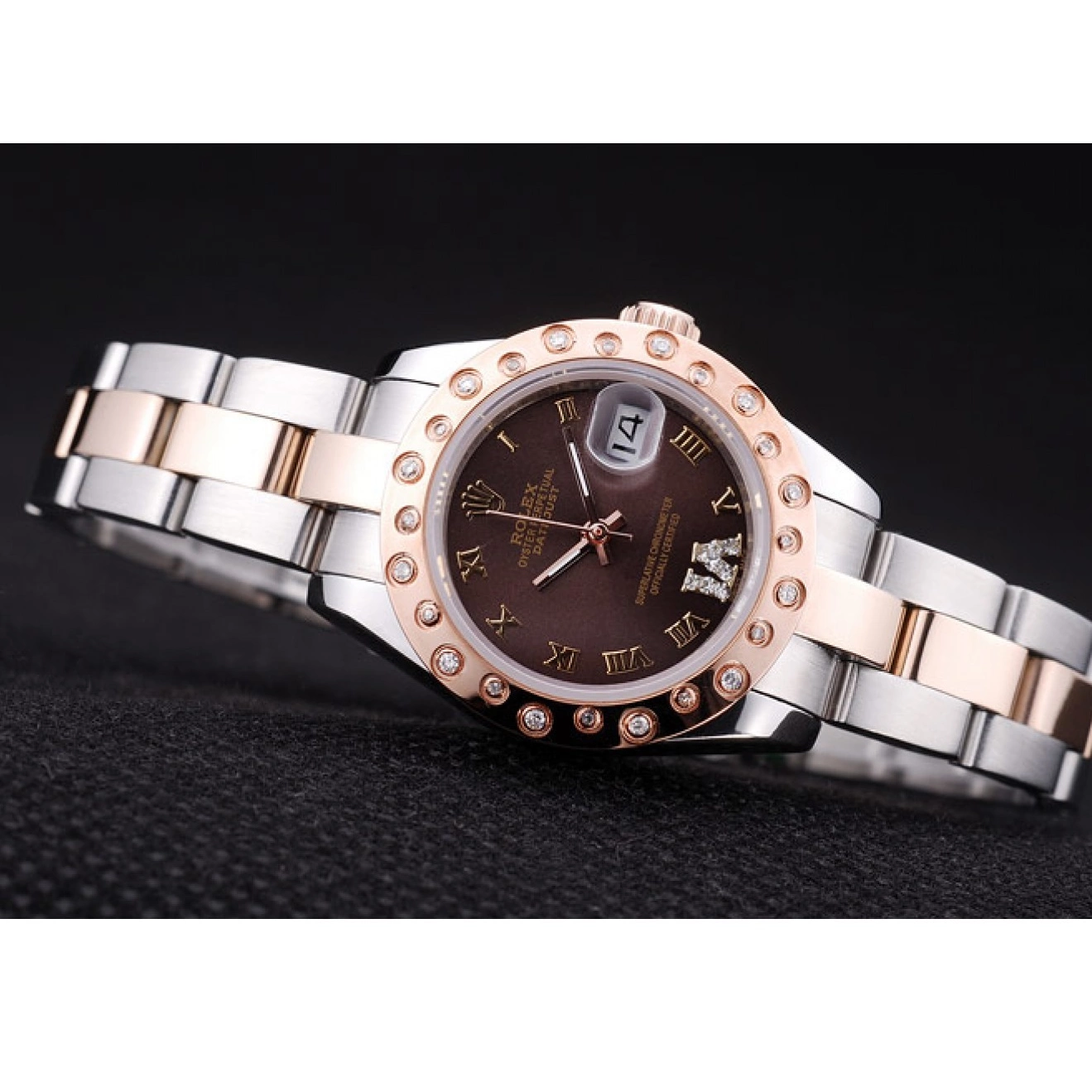 AAA Replica Watches Polished Gold Bezel Datejust Dial Brown Diamonds 7475 Rose Rolex 0524